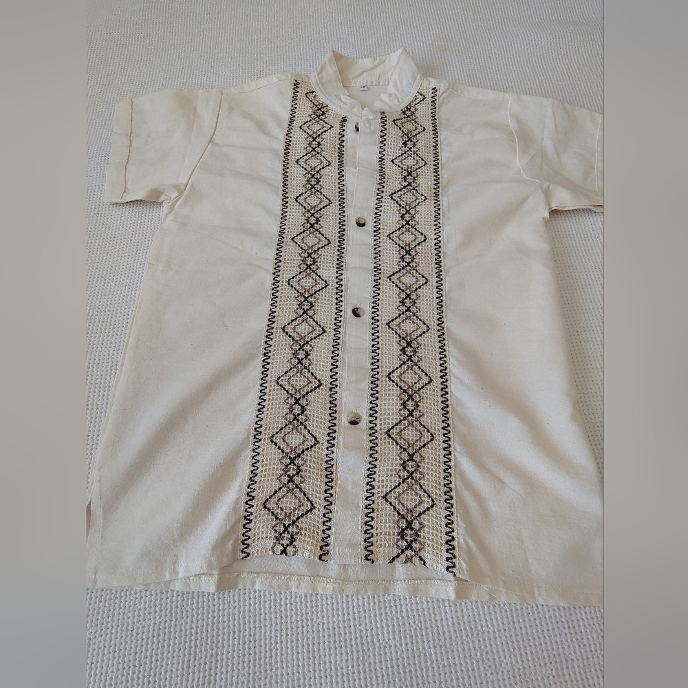 Boy's Cream Embroidered Button Down Guayabera  Shirt Size 12